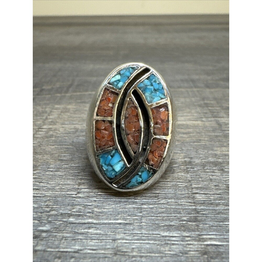 Vtg Zuni Hummingbird Sterling Silver Men's Turquoise Coral Chip Ring Size 8.75
